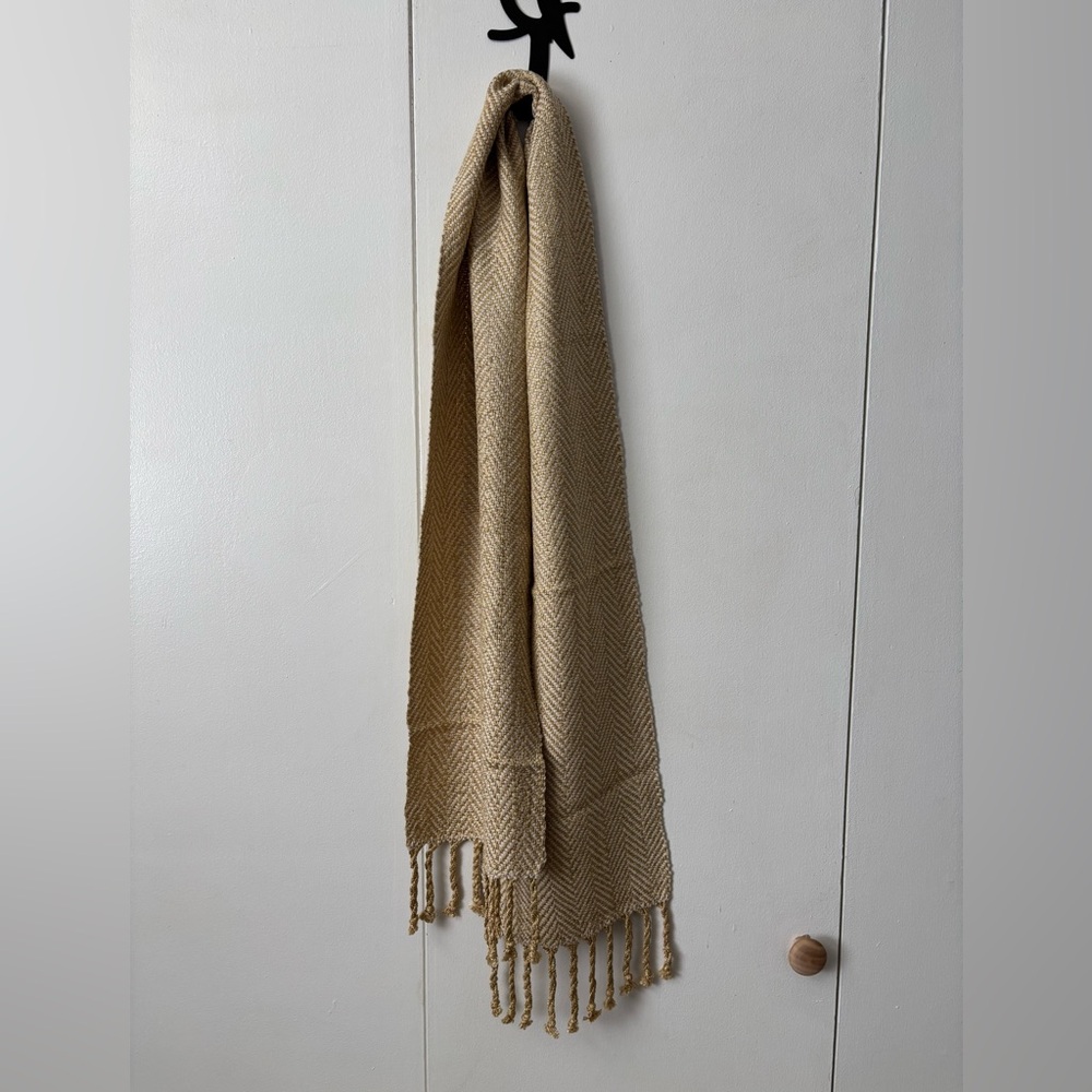 Gold and Cream Herringbone Scarf with Fringe